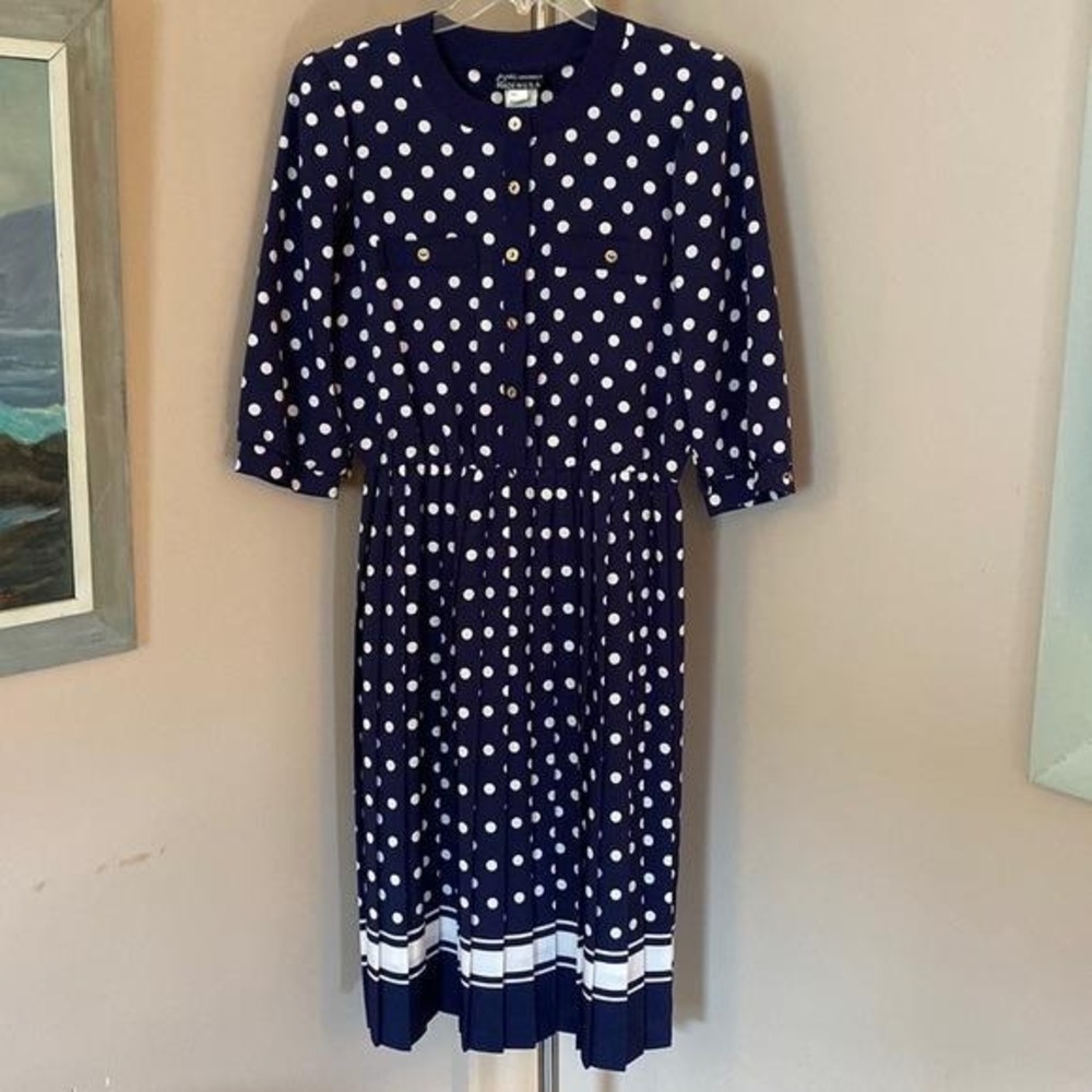 Vintage Women's Breli Originals Blue & White Polka Dot Pleated Midi Dress Anchor